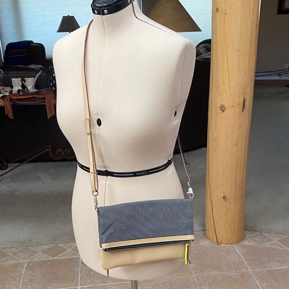 Stella & Dot Tan Leather and Black Striped Crossbody, Shoulder Bag or Clutch